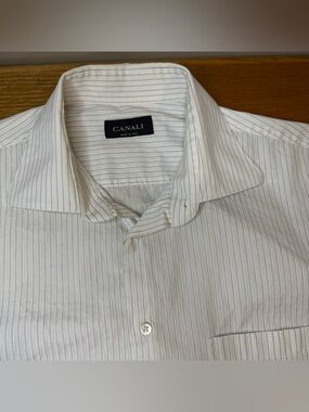 Canali Italy Mens 17.5 44 White Black Micro Pinstripe French Cuff Dress Shirt